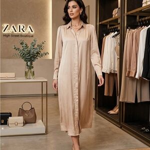 Zara Cream Satin Shirt Dress